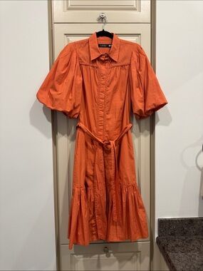 Lauren Ralph Lauren Orange Button-Front Midi Dress with Puff Sleeves